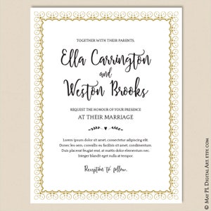 May include: A wedding invitation with a gold ornate border. The text reads "Together with their parents, Ella Carrington and Weston Brooks, request the honour of your presence at their marriage. Reception to follow."