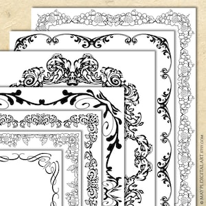 Schwarze klassische Seitenränder, Flourish Line Art - Altmodische handgezeichnete digitale Rahmen Clipart für das Diplom-Zertifikat Hochzeit 11026