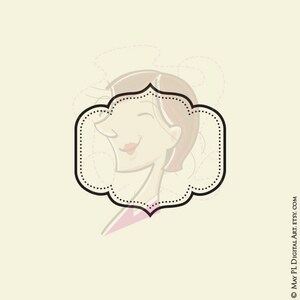 May include: A black and white illustration of a woman's face with a pink background. The woman is smiling and has short brown hair. The illustration is framed in a black and white decorative border.
