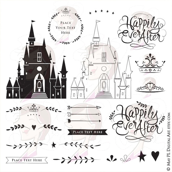 Fairytale Wedding DIY Invitations - include Happily Ever After, Castle, Crowns, Arrows, Laurel Wreath Frame Clip Art - Commercial Use 10159