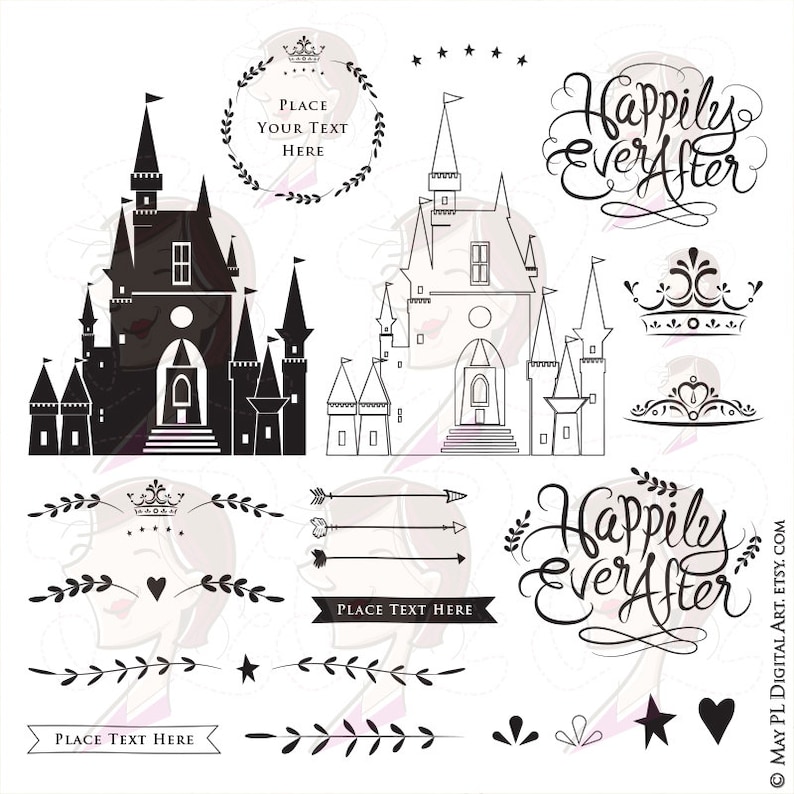 Pu&ograve; includere: Set di clipart in bianco e nero con un castello, corone, frecce, ghirlande, stelle, un cuore e il testo "Happily Ever After".