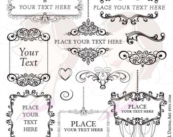 Victorian Frames Chandeliers Clip Art - Black Ornate Flourish DIY Logo, Bridal Shower, Wedding Invitation - FREE Commercial Use 10461