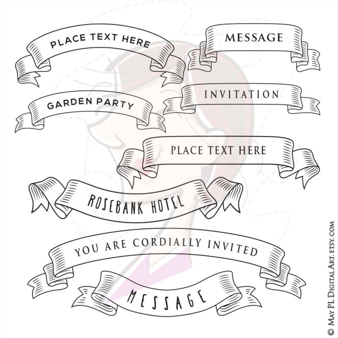 Retro Banner Ribbon Clipart Make Wedding Invitations Business - Etsy