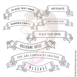 May include: A set of eight black and white printable banner designs with various text options, including "Place Text Here", "Message", "Garden Party", "Invitation", "Rosebank Hotel", and "You Are Cordially Invited".