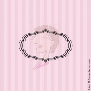 May include: A pink and white striped background with a black and white decorative frame. A cartoon illustration of a woman's face is visible through the frame.