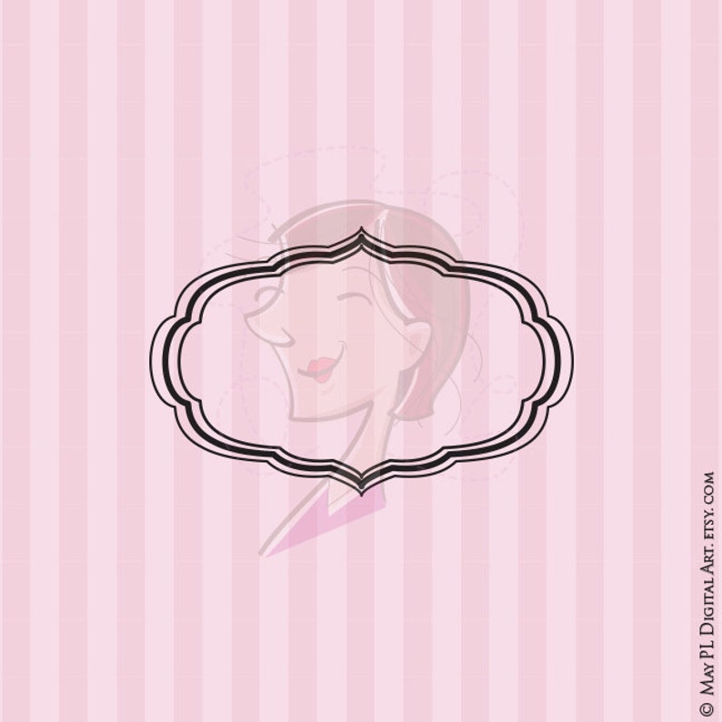 May include: A pink and white striped background with a black and white decorative frame. A cartoon illustration of a woman's face is visible through the frame.