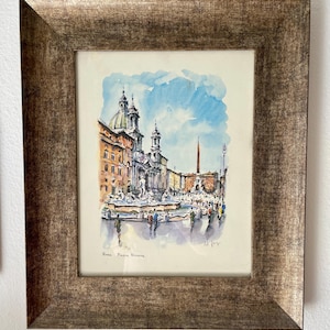 Rome Italy Piazza Navona Vintage Watercolour Ink Print Framed