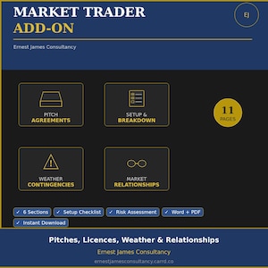 May include: A dark blue graphic with the text "MARKET TRADER ADD-ON" and "Ernest James Consultancy." It includes icons and text for "Pitch Agreements," "Setup & Breakdown," "Weather Contingencies," and "Market Relationships." The graphic also states "11 Pages."