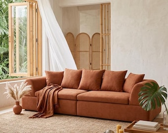 Orange Cloud Modular Sectional Sofa with Ottoman, Modern Curved Boneless Couch, Deep Fluffy Seat Lounge Sofa for Living Room Bedroom