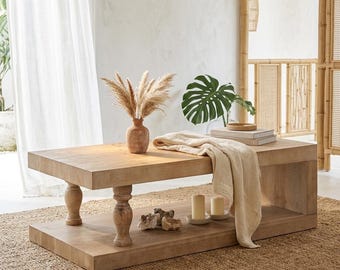 Rustic Farmhouse Coffee Table with Storage Shelf, Modern Wood Living Room Table, Natural Wooden Coffee Table with Turned Legs
