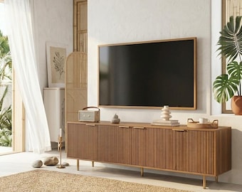 Title: Modern Fluted TV Stand 68 Inch, Wood TV Console with Storage Doors, Entertainment Center for 55 Inch TV, Mid Century Media Cabinet