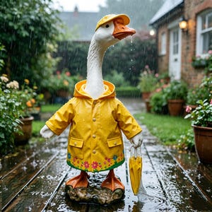 May include: A whimsical goose statue in a yellow raincoat and hat, holding a matching umbrella. The goose stands on a stone base on a wooden deck, with rain falling in the background. The raincoat has floral detailing.