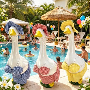 May include: Three white goose statues standing poolside, each wearing a matching gingham bikini top, skirt, and sun hat in blue, red, and yellow. The statues have bright yellow beaks and are positioned on a stone patio near a swimming pool.