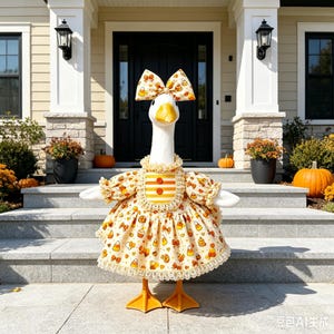 May include: A white plush goose figurine wearing a dress and a matching bow. The dress features a pattern of candy corn, cupcakes, and bows with a yellow and orange striped bib. The outfit is trimmed with white lace and two orange buttons.