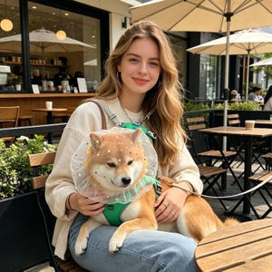 Peut inclure: Un chien Shiba Inu portant un harnais vert et un col à volants transparent orné de paillettes en forme d'étoiles dorées. Le chien a un pelage beige et blanc, des oreilles pointues et une truffe noire. Le col est en maille translucide.