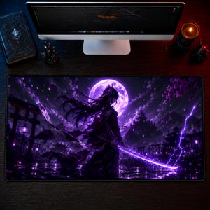 Purple Moon Samurai Desk Mat, Anime Fantasy Mouse Pad, Electric Katana Gaming Mousepad, Celestial Warrior Desk Mat XL