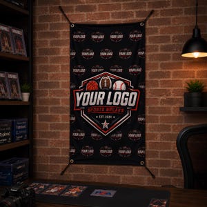 May include: A black vertical banner featuring a repeating pattern of a sports logo. The central emblem displays a basketball, football, and baseball above the text YOUR LOGO SPORTS BREAKS EST. 2024, accented with a white star and red trim.