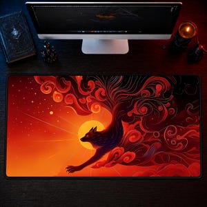 May include: A rectangular desk mat featuring a dark, stylized wolf leaping against a vibrant orange sunset. The design incorporates swirling red and dark crimson cloud-like patterns, thin radiating sunbeams, and small white stars set against a deep gradient background.