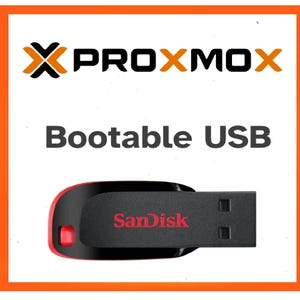 May include: A black and red SanDisk USB flash drive positioned below the text PROXMOX and Bootable USB. The drive features a black casing with a red accent and the SanDisk logo in red lettering. The entire graphic is framed by an orange border.