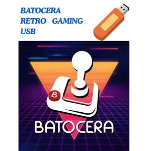 May include: An orange USB drive and a retro gaming logo with the text "BATOCERA RETRO GAMING USB". The logo features a white joystick with a red "B" button, set against a purple and orange geometric background.