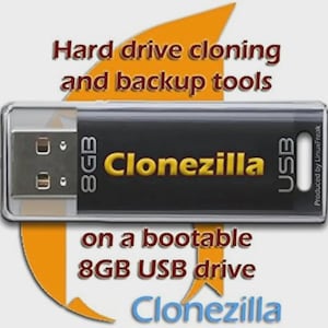 May include: A black and silver USB drive featuring the word "Clonezilla" in yellow. The drive is marked "8GB" and "USB". The image also displays the text "Hard drive cloning and backup tools" and "on a bootable 8GB USB drive."