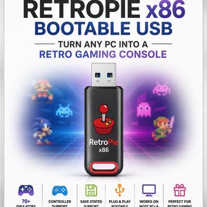 Könnte beinhalten: Ein schwarzer bootfähiger USB-Stick mit einer roten Joystick-Grafik und dem Text RetroPie x86. Die Verpackung zeigt den Text RETROPIE x86 BOOTABLE USB, TURN ANY PC INTO A RETRO GAMING CONSOLE und PLUG IN. BOOT. PLAY. FAST. EASY. PORTABLE.