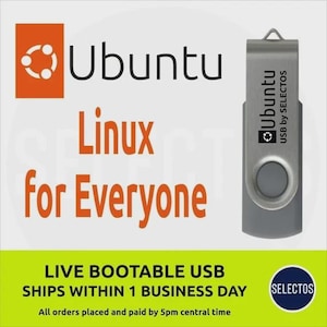 Może przedstawiać: Srebrny pendrive z logo Ubuntu i tekstem "Ubuntu Linux dla każdego". Dysk jest oznaczony jako "USB by SELECTOS". Obraz zawiera również tekst "LIVE BOOTABLE USB" i "WYSYŁKA W CIĄGU 1 DNIA ROBOCZEGO".