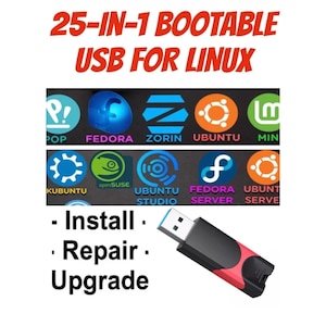 Może przedstawiać: Czarno-czerwony pendrive. Obraz zawiera tekst "25-IN-1 BOOTABLE USB FOR LINUX" oraz logo różnych dystrybucji Linuksa. Tekst zawiera również "Install, Repair, Upgrade."