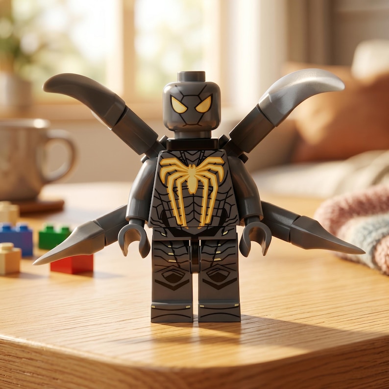 May include: A gray Lego figure with yellow eyes and a gold spider emblem on the chest. The figure has articulated wings and is standing on a wooden surface. The figure is a toy.