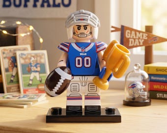Buffalo Bills Mafia Minifigure, NFL Football Player with Trophy, Building Brick Sports Collectible