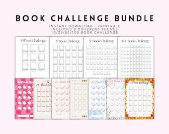 Book Challenge Printable Bundle | 10 25 50 100 Book Challenge Tracker | Reading Challenge PDF | Instant Download | A4 A5 US Letter