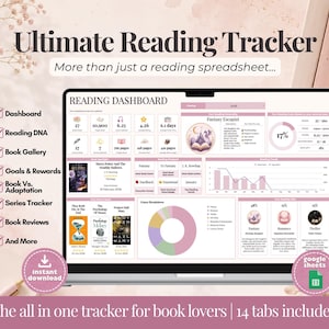 Può includere: Un tracker di lettura digitale visualizzato sullo schermo di un computer portatile, intitolato Ultimate Reading Tracker. L'interfaccia presenta una dashboard di lettura con vari grafici, copertine di libri e statistiche. L'elenco delle funzionalità include Dashboard, Reading DNA, Book Gallery, Goals & Rewards, Book Vs. Adaptation, Series Tracker e Book Reviews.