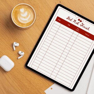 May include: A digital tablet displaying a "Did Not Finish" checklist with a cherry illustration. A cup of coffee with latte art, white wireless earbuds, and a charging case are on a wooden surface.