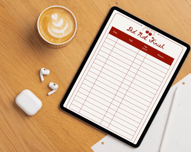 May include: A digital tablet displaying a "Did Not Finish" checklist with a cherry illustration. A cup of coffee with latte art, white wireless earbuds, and a charging case are on a wooden surface.