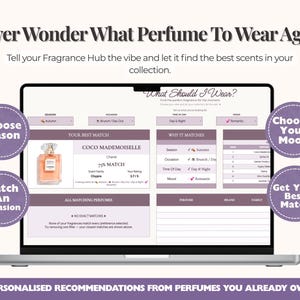 May include: A digital fragrance tracker displayed on a laptop screen with the title Never Wonder What Perfume To Wear Again. The interface includes sections for season, occasion, time of day, and mood, featuring a Coco Mademoiselle perfume match.