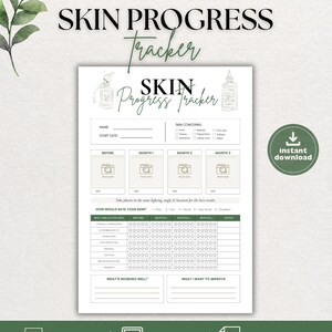 May include: A printable skin progress tracker document featuring sections for name, start date, skin concerns, and monthly photo slots. The layout includes a star rating chart for skin areas, notes, and prompts for improvements in a clean, white design.
