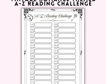 Romanze A-Z Reading Challenge Printable | Vintage Romantik Lesetagebuch | Alphabet-Buch-Challenge | Lese-Tracker für Romanleser