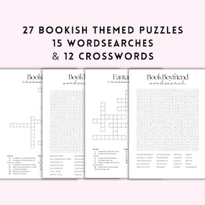 Può includere: Una raccolta di 27 puzzle a tema librario che include 15 crucipuzzle e 12 cruciverba stampati su carta bianca. Il testo recita 27 BOOKISH THEMED PUZZLES 15 WORDSEARCHES & 12 CROSSWORDS. Ogni pagina presenta testo e griglie di colore nero.