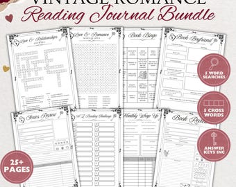 Vintage Romanze Lese Journal Bundle | Druckbare Buchverfolgung, Wortsuche, Kreuzworträtsel (Digitaler Download)
