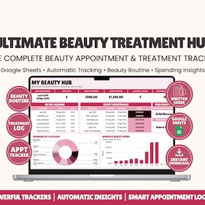 May include: A digital beauty treatment tracker displayed on a laptop screen, titled Ultimate Beauty Treatment Hub. The interface features sections for appointments, maintenance, spending insights, and a pie chart, with pink and white color schemes.