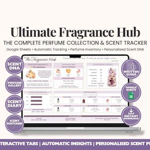May include: A digital perfume collection tracker displayed on a laptop screen, titled Ultimate Fragrance Hub. The interface features sections for scent DNA, perfume inventory, and collection statistics, surrounded by purple circular icons.