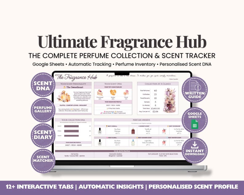 May include: A digital perfume collection tracker displayed on a laptop screen, titled Ultimate Fragrance Hub. The interface features sections for scent DNA, perfume inventory, and collection statistics, surrounded by purple circular icons.