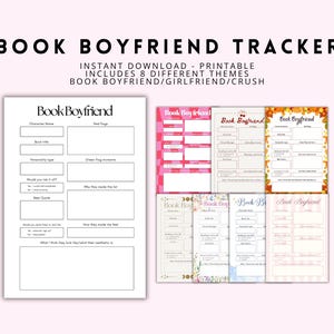 Può includere: Un "Book Boyfriend Tracker" stampabile con otto temi diversi. Il design include un foglio bianco con sezioni da compilare e diversi fogli colorati con design diversi. Il testo sull'immagine dice "Book Boyfriend Tracker".