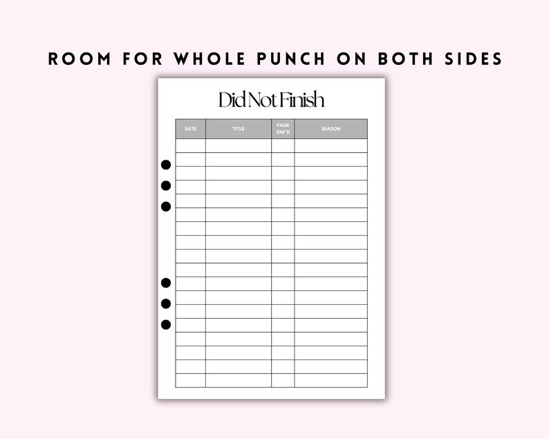 May include: A white planner page with the text "Did Not Finish" at the top. The page has a grid with columns labeled "Date", "Title", "Page O/S", and "Reason". The text "Room for whole punch on both sides" is at the top.
