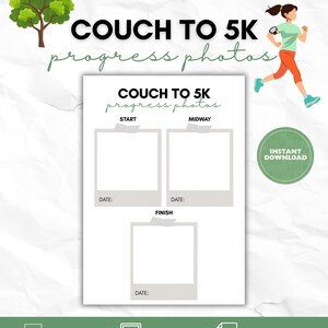 May include: A printable Couch to 5K progress photo tracker featuring three blank frames labeled Start, Midway, and Finish with date lines. The design includes a green tree icon, a running figure, and text indicating instant download, print at home, and digital use for A4, A5, and US Letter sizes.