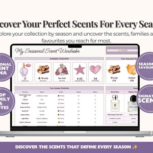 May include: A digital dashboard titled My Seasonal Scent Wardrobe displayed on a laptop screen. The interface features sections for Summer Overview, Seasonal Favourites, and Signature Scents, including icons of perfume bottles, wood logs, and stars.