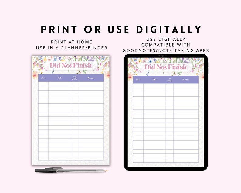 May include: A digital planner page with the text "Did Not Finish" in a floral design. The page is shown on paper and on a tablet, with sections for date, task, page, and reason. A pen is also visible.