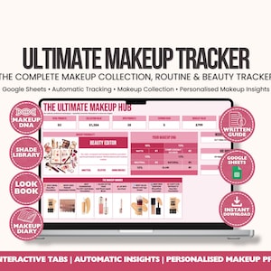 Könnte beinhalten: Ein digitaler Make-up-Tracker auf einem Laptop-Bildschirm mit dem Titel The Ultimate Makeup Hub. Die Benutzeroberfläche enthält Bereiche für Make-up-DNA, eine Farbbibliothek, ein Lookbook und ein Make-up-Tagebuch mit interaktiven Registerkarten.