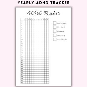 May include: A white paper sheet titled YEARLY ADHD TRACKER and ADHD Tracker featuring a grid with numbers 1 through 31 for days and letters J, F, M, A, M, J, J, A, S, O, N, D for months. Includes a legend with checkboxes for Overwhelmed, Struggling, Managing, Productive, and Hyperfocused.