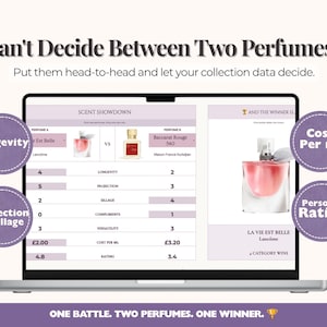 May include: A laptop screen displaying a Scent Showdown comparison chart between Lanc&ocirc;me La Vie Est Belle and Maison Francis Kurkdjian Baccarat Rouge 540. The interface features columns for longevity, projection, sillage, compliments, versatility, cost per ml, and rating, with a winner declared on the right side.